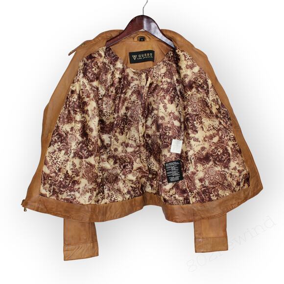 Medium Guess Los Angeles Leather Jacket Caramel Moto Biker Retro Vintage - Picture 11 of 11
